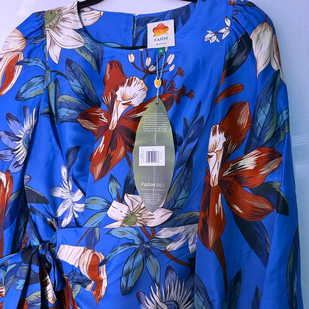 NWT FarmRio Floral Silk Blue Mini Dress XS - Picture 8 of 12